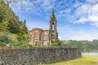 Lake Furnas, Sao Miguel, Azores, Portugal. Chapel of Our Lady of Victories on Sao Miguel Island. Art Print